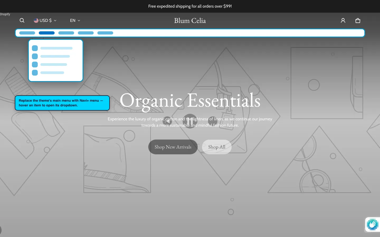 Navi+ Mega Menu replacing the desktop menu on the Blum Shopify theme