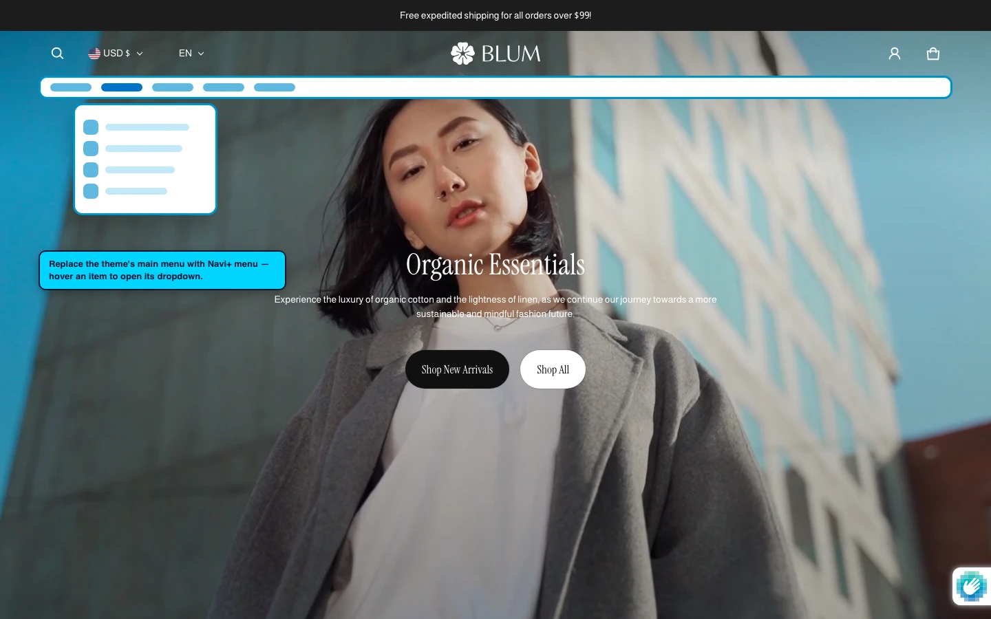 Navi+ Mega Menu replacing the desktop menu on the Blum Shopify theme Navi+ Mega Menu replacing the desktop menu on the Blum Shopify theme