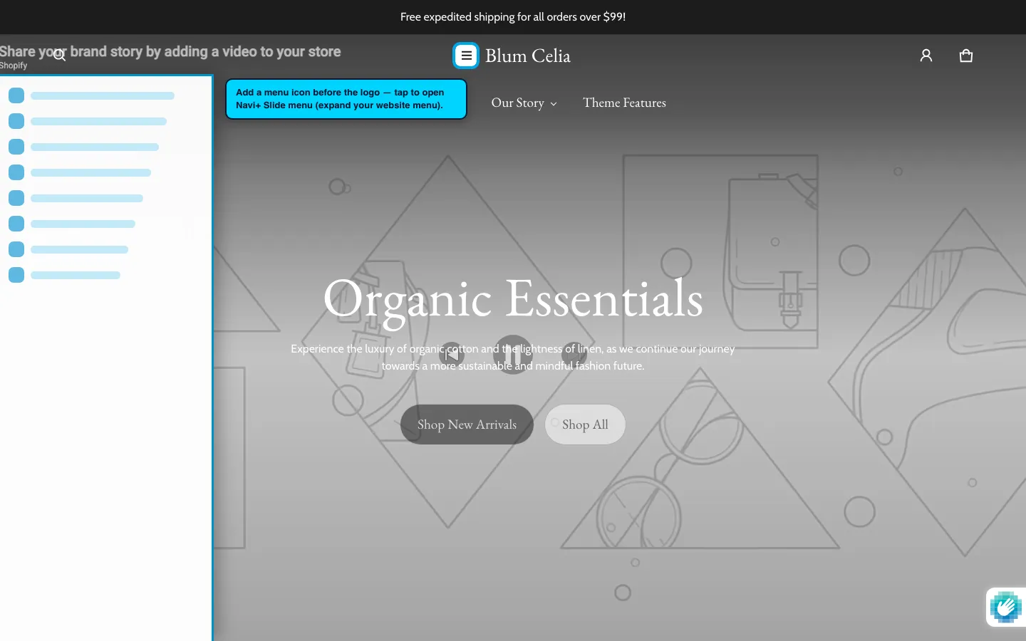 Navi+ trigger icon before the logo on the Blum Shopify theme Navi+ trigger icon before the logo on the Blum Shopify theme