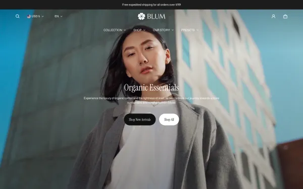 Full-page desktop screenshot of Shopify Blum theme demo store