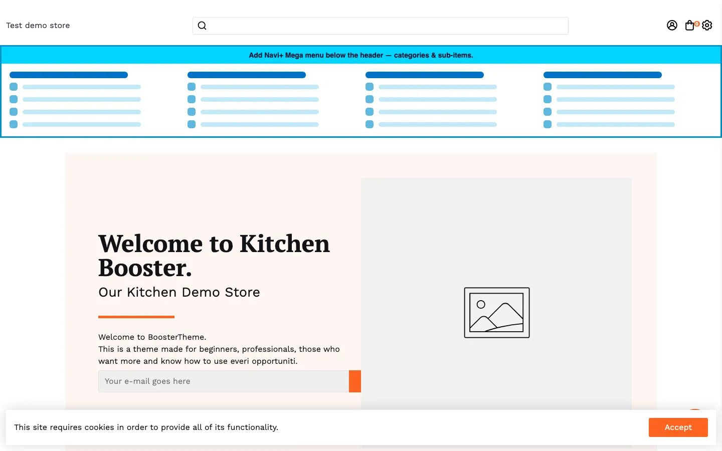 Navi+ Mega Menu inserted below the header on the Booster Shopify theme Navi+ Mega Menu inserted below the header on the Booster Shopify theme