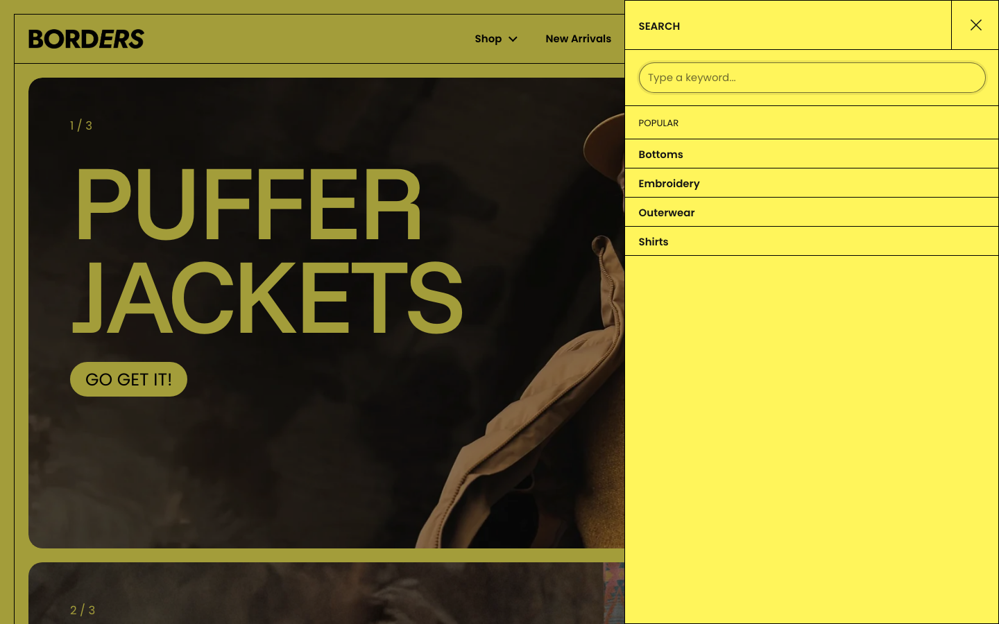 Search → panel opened — Navi+ on the Borders Shopify theme Search → panel opened — Navi+ on the Borders Shopify theme