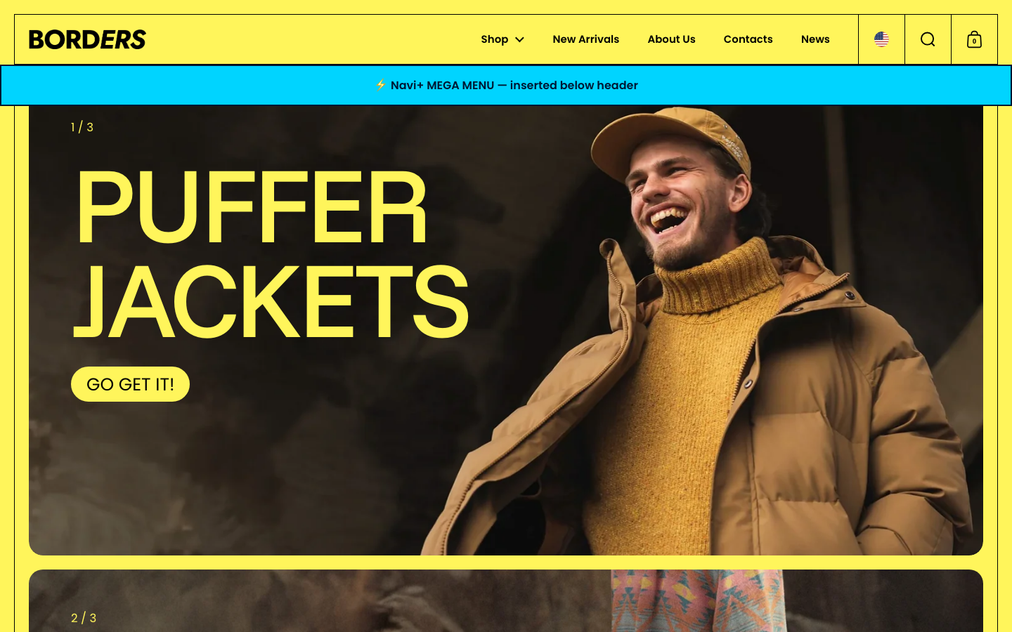 Menu inserted below header — Navi+ on the Borders Shopify theme Menu inserted below header — Navi+ on the Borders Shopify theme