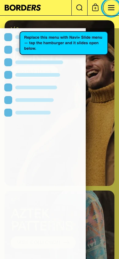 Navi+ Slide Menu on the Borders Shopify theme Navi+ Slide Menu on the Borders Shopify theme