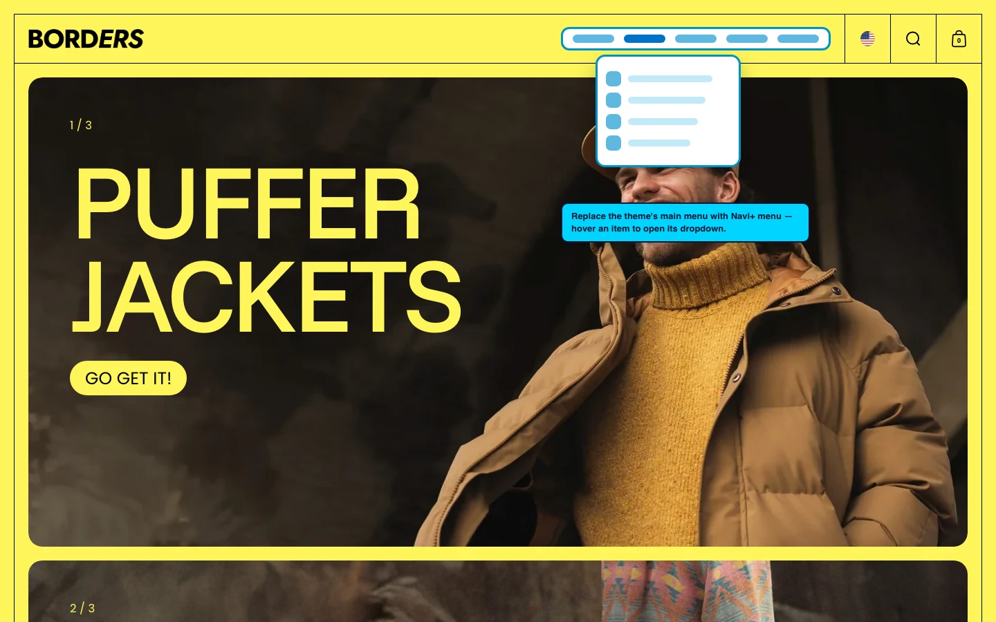 Navi+ Mega Menu replacing the desktop menu on the Borders Shopify theme Navi+ Mega Menu replacing the desktop menu on the Borders Shopify theme