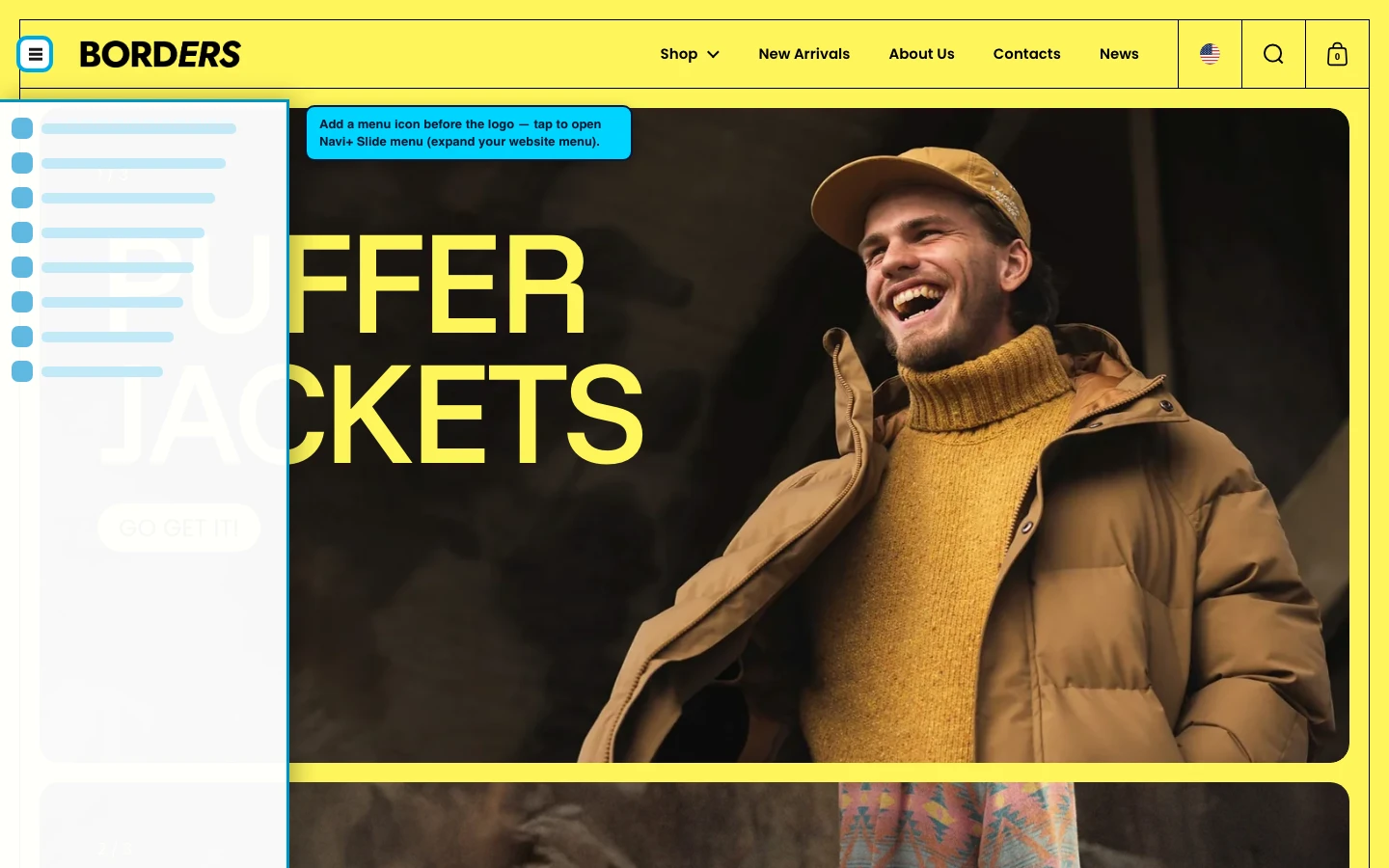 Navi+ trigger icon before the logo on the Borders Shopify theme Navi+ trigger icon before the logo on the Borders Shopify theme