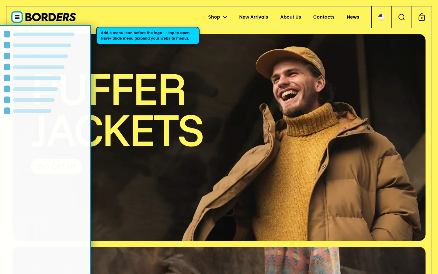 Navi+ trigger icon before the logo on the Borders Shopify theme Navi+ trigger icon before the logo on the Borders Shopify theme