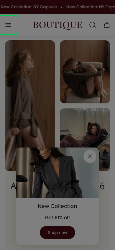 Hamburger → panel opened — Navi+ on the Boutique Shopify theme Hamburger → panel opened — Navi+ on the Boutique Shopify theme