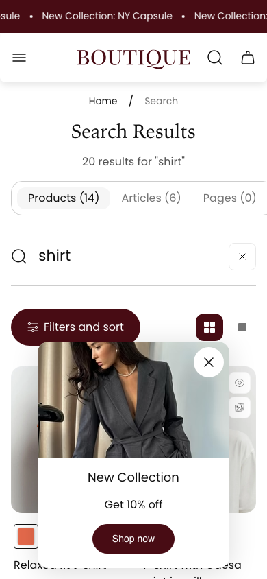 Search → panel opened — Navi+ on the Boutique Shopify theme Search → panel opened — Navi+ on the Boutique Shopify theme