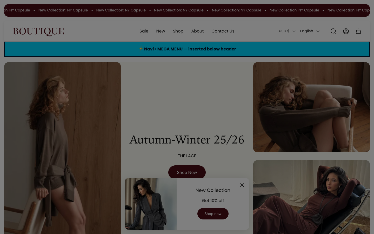 Menu inserted below header — Navi+ on the Boutique Shopify theme Menu inserted below header — Navi+ on the Boutique Shopify theme