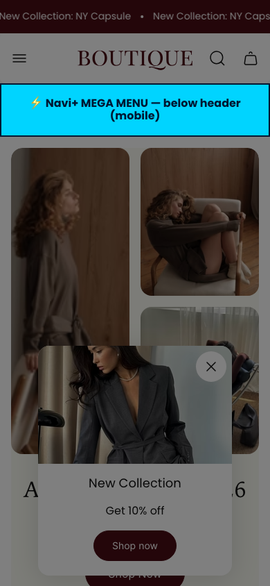 Menu inserted below header — Navi+ on the Boutique Shopify theme Menu inserted below header — Navi+ on the Boutique Shopify theme
