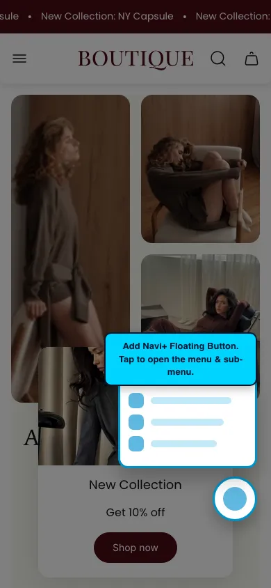 Navi+ FAB on the Boutique Shopify theme Navi+ FAB on the Boutique Shopify theme