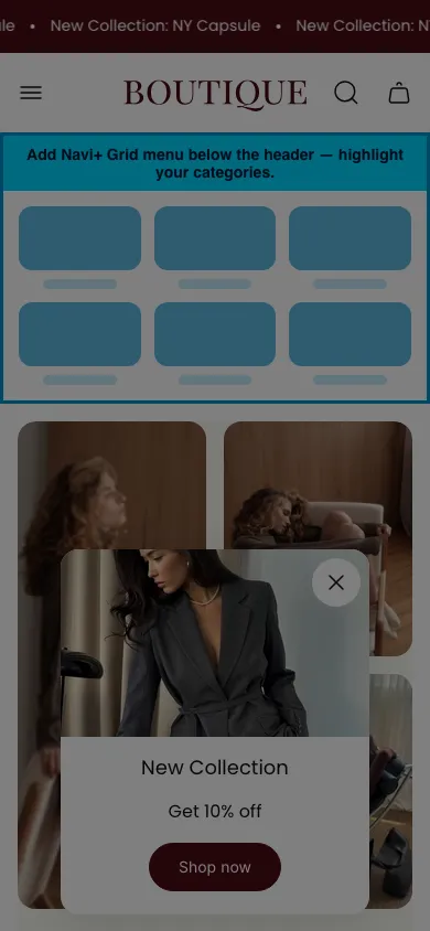 Navi+ Grid Menu on the Boutique Shopify theme Navi+ Grid Menu on the Boutique Shopify theme