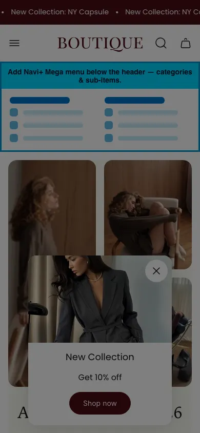 Navi+ mobile Mega Menu on the Boutique Shopify theme Navi+ mobile Mega Menu on the Boutique Shopify theme