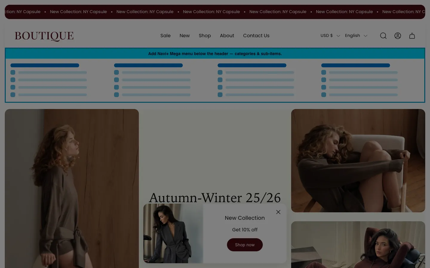 Navi+ Mega Menu inserted below the header on the Boutique Shopify theme Navi+ Mega Menu inserted below the header on the Boutique Shopify theme