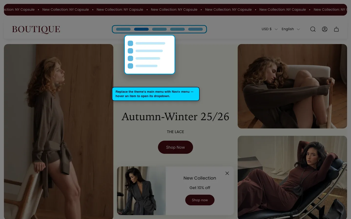 Navi+ Mega Menu replacing the desktop menu on the Boutique Shopify theme Navi+ Mega Menu replacing the desktop menu on the Boutique Shopify theme