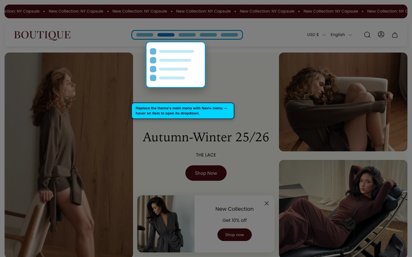 Navi+ Mega Menu replacing the desktop menu on the Boutique Shopify theme Navi+ Mega Menu replacing the desktop menu on the Boutique Shopify theme