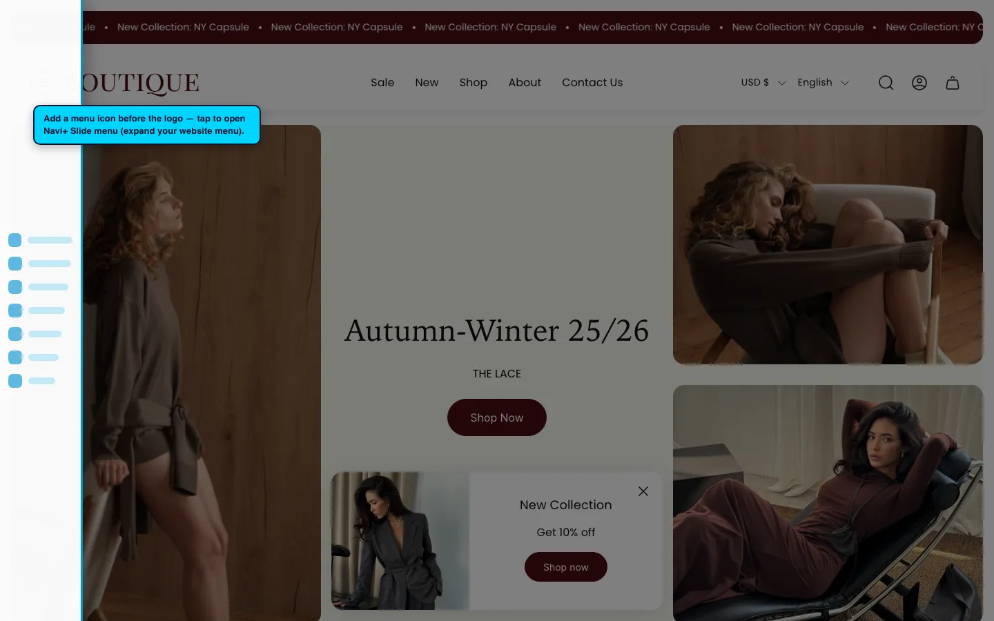 Navi+ trigger icon before the logo on the Boutique Shopify theme Navi+ trigger icon before the logo on the Boutique Shopify theme