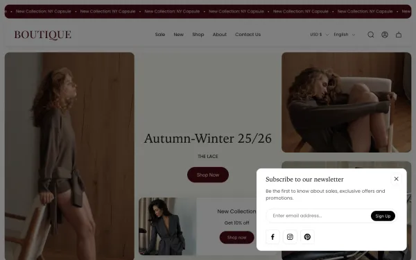 Navi+ menus on the Boutique Shopify theme — desktop preview