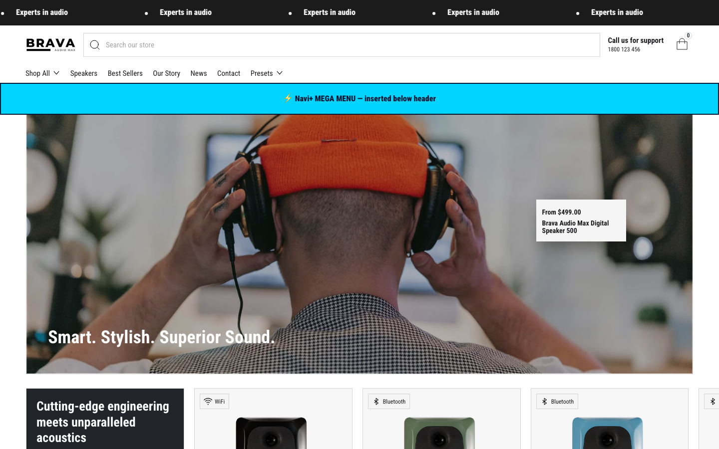 Menu inserted below header — Navi+ on the Brava Shopify theme Menu inserted below header — Navi+ on the Brava Shopify theme