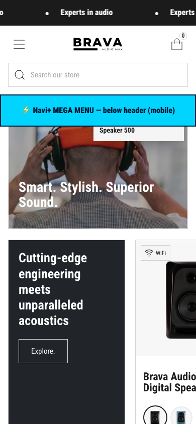 Menu inserted below header — Navi+ on the Brava Shopify theme Menu inserted below header — Navi+ on the Brava Shopify theme