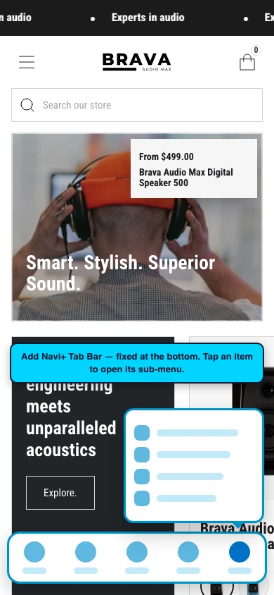 Navi+ Tab Bar on the Brava Shopify theme Navi+ Tab Bar on the Brava Shopify theme