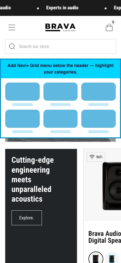 Navi+ Grid Menu on the Brava Shopify theme Navi+ Grid Menu on the Brava Shopify theme