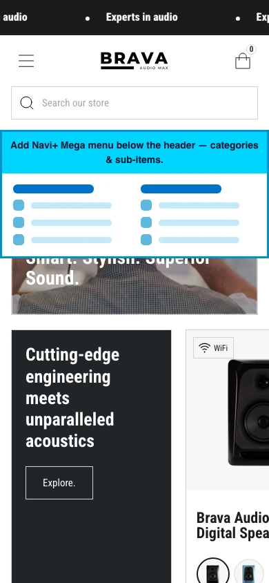 Navi+ mobile Mega Menu on the Brava Shopify theme Navi+ mobile Mega Menu on the Brava Shopify theme