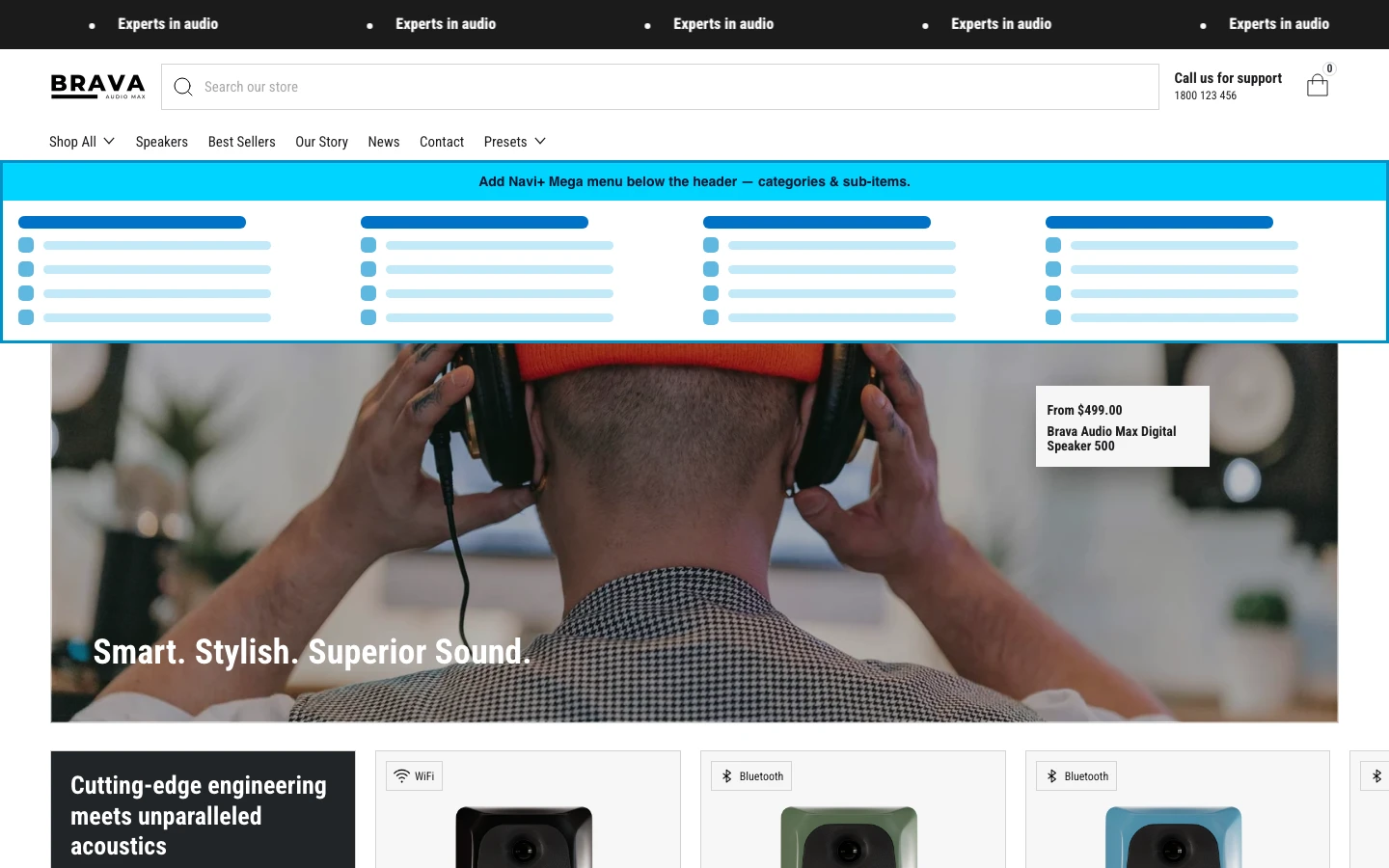 Navi+ Mega Menu inserted below the header on the Brava Shopify theme Navi+ Mega Menu inserted below the header on the Brava Shopify theme