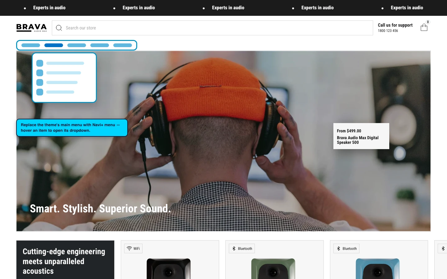 Navi+ Mega Menu replacing the desktop menu on the Brava Shopify theme Navi+ Mega Menu replacing the desktop menu on the Brava Shopify theme