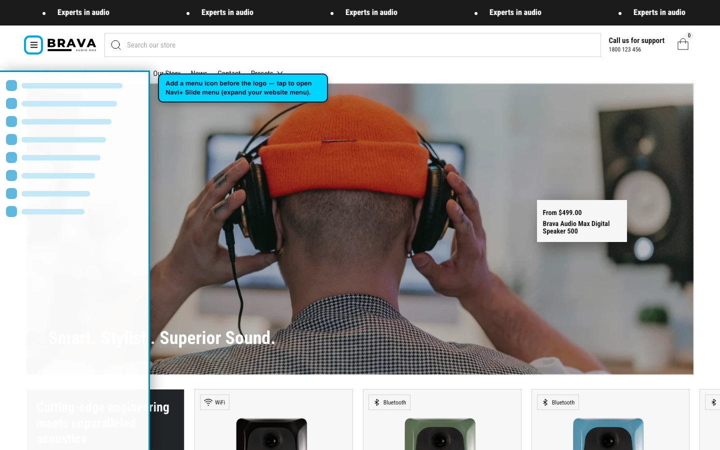 Navi+ trigger icon before the logo on the Brava Shopify theme Navi+ trigger icon before the logo on the Brava Shopify theme