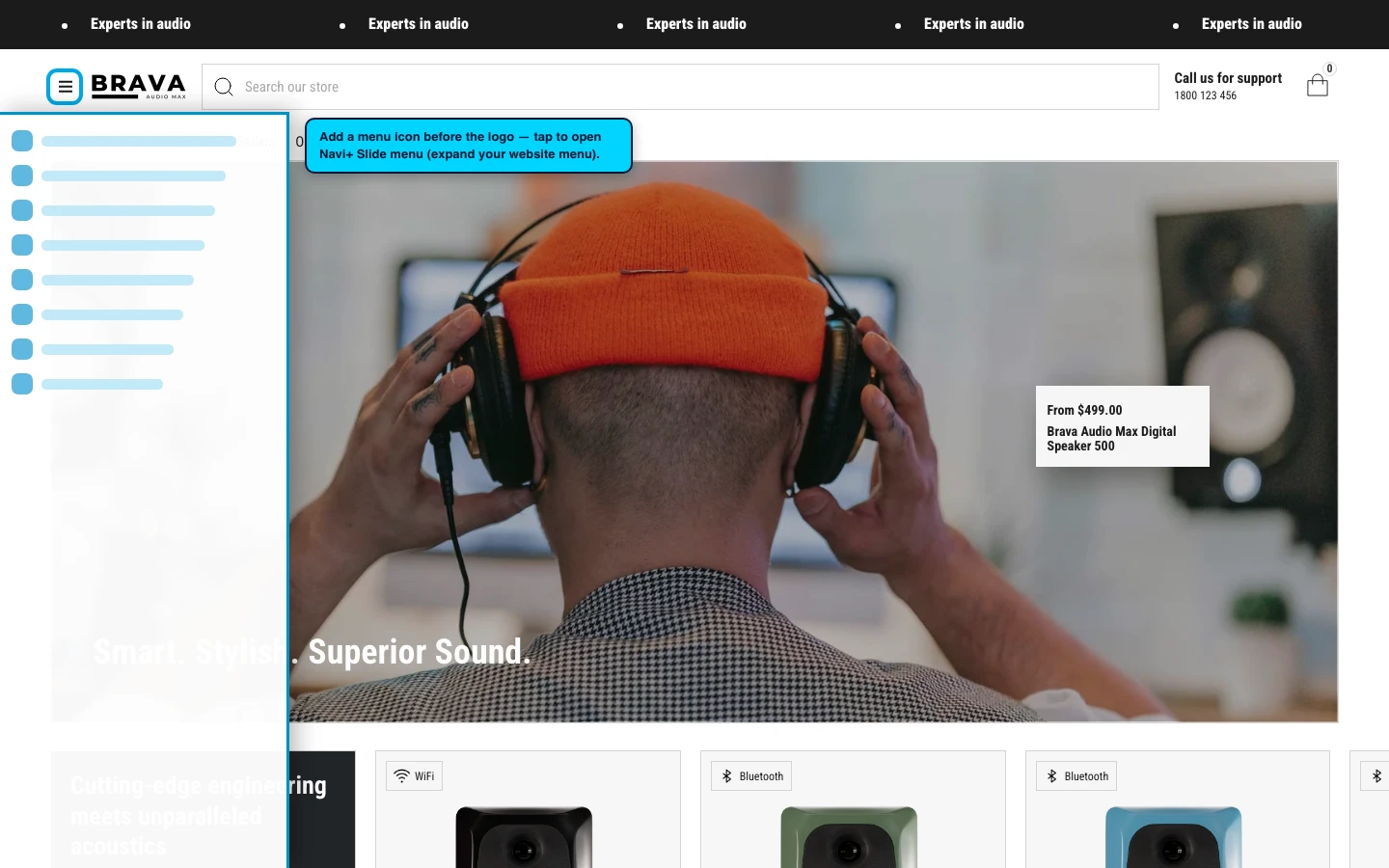 Navi+ trigger icon before the logo on the Brava Shopify theme Navi+ trigger icon before the logo on the Brava Shopify theme
