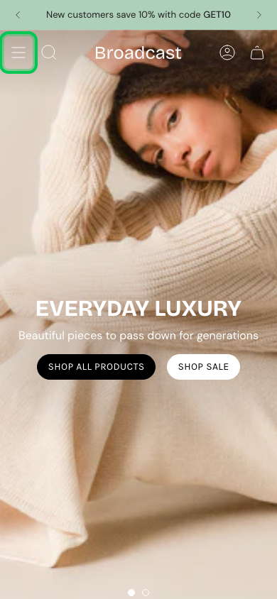 Hamburger → panel opened — Navi+ on the Broadcast Shopify theme Hamburger → panel opened — Navi+ on the Broadcast Shopify theme