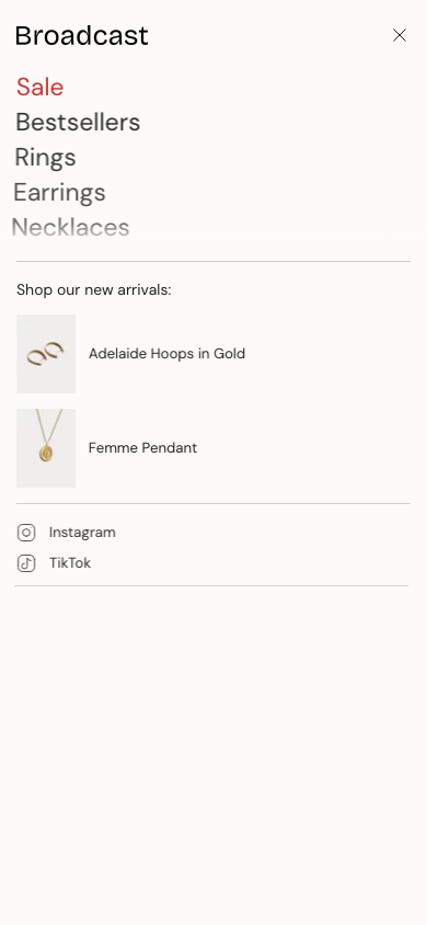 Hamburger → panel opened — Navi+ on the Broadcast Shopify theme Hamburger → panel opened — Navi+ on the Broadcast Shopify theme