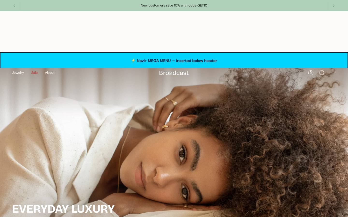 Menu inserted below header — Navi+ on the Broadcast Shopify theme Menu inserted below header — Navi+ on the Broadcast Shopify theme