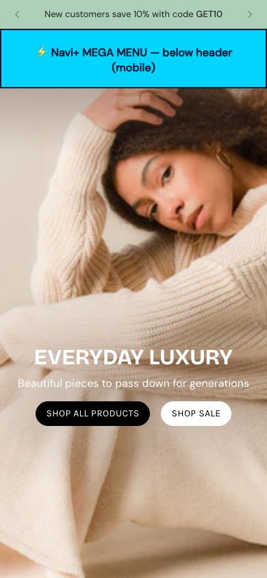 Menu inserted below header — Navi+ on the Broadcast Shopify theme Menu inserted below header — Navi+ on the Broadcast Shopify theme