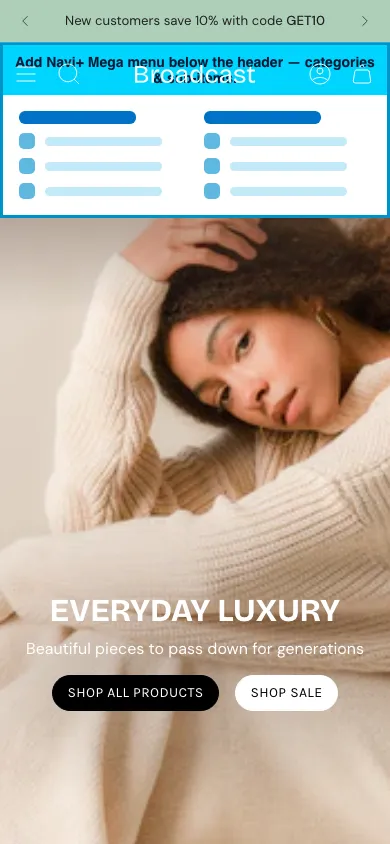 Navi+ mobile Mega Menu on the Broadcast Shopify theme Navi+ mobile Mega Menu on the Broadcast Shopify theme