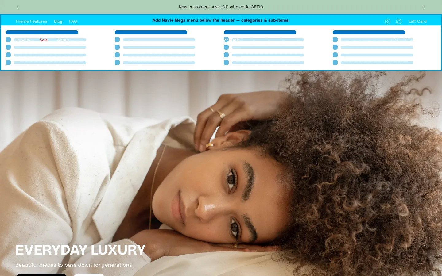 Navi+ Mega Menu inserted below the header on the Broadcast Shopify theme Navi+ Mega Menu inserted below the header on the Broadcast Shopify theme