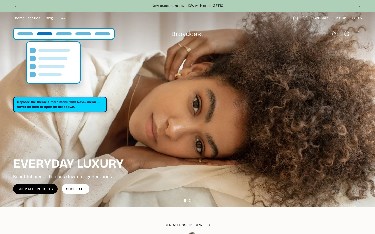 Navi+ Mega Menu replacing the desktop menu on the Broadcast Shopify theme Navi+ Mega Menu replacing the desktop menu on the Broadcast Shopify theme