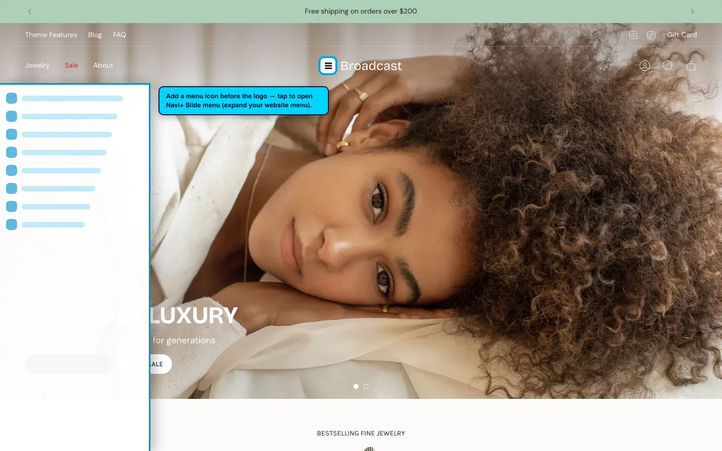 Navi+ trigger icon before the logo on the Broadcast Shopify theme Navi+ trigger icon before the logo on the Broadcast Shopify theme
