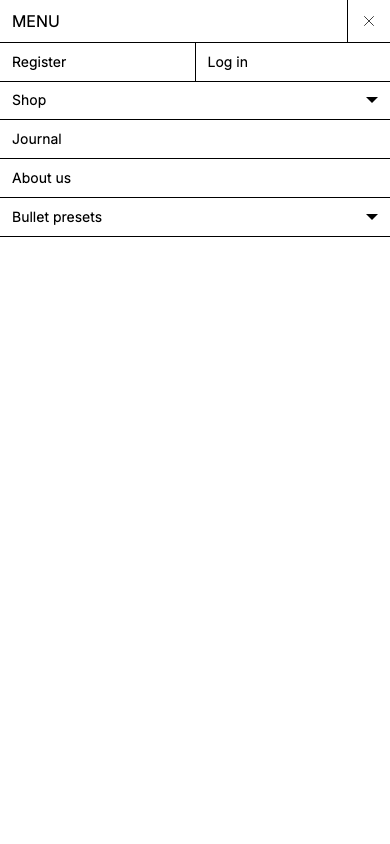 Hamburger → panel opened — Navi+ on the Bullet Shopify theme Hamburger → panel opened — Navi+ on the Bullet Shopify theme