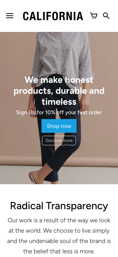 Hamburger → panel opened — Navi+ on the California Shopify theme Hamburger → panel opened — Navi+ on the California Shopify theme