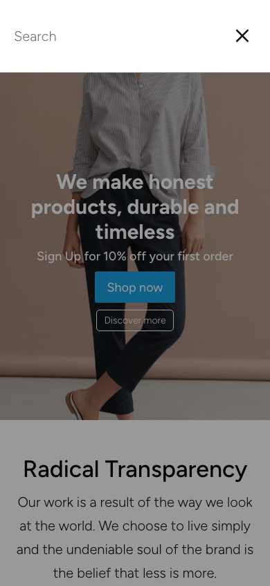 Search → panel opened — Navi+ on the California Shopify theme Search → panel opened — Navi+ on the California Shopify theme