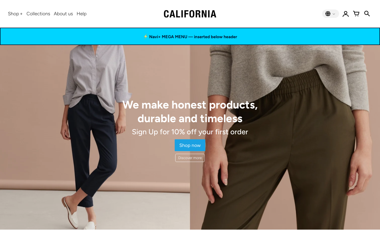 Menu inserted below header — Navi+ on the California Shopify theme Menu inserted below header — Navi+ on the California Shopify theme
