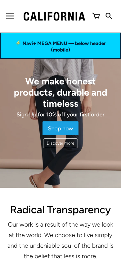 Menu inserted below header — Navi+ on the California Shopify theme Menu inserted below header — Navi+ on the California Shopify theme