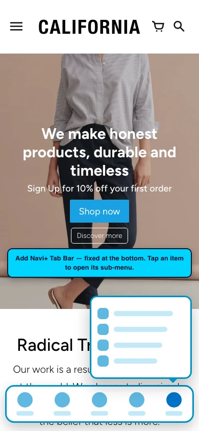 Navi+ Tab Bar on the California Shopify theme Navi+ Tab Bar on the California Shopify theme