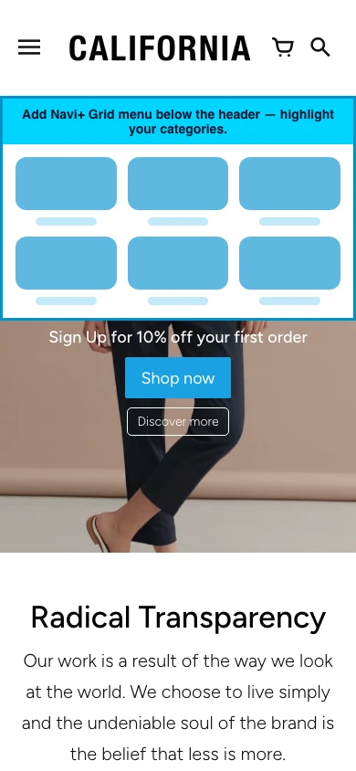 Navi+ Grid Menu on the California Shopify theme Navi+ Grid Menu on the California Shopify theme