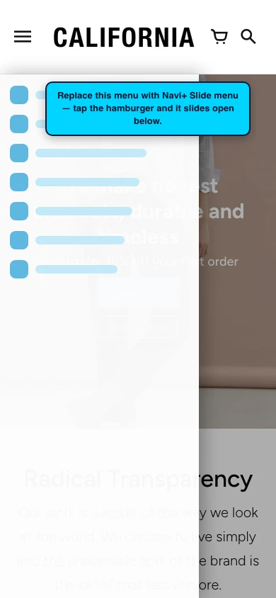 Navi+ Slide Menu on the California Shopify theme Navi+ Slide Menu on the California Shopify theme