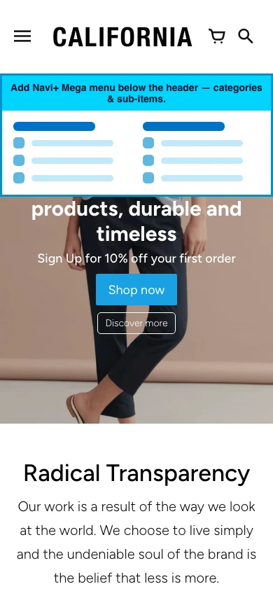 Navi+ mobile Mega Menu on the California Shopify theme Navi+ mobile Mega Menu on the California Shopify theme