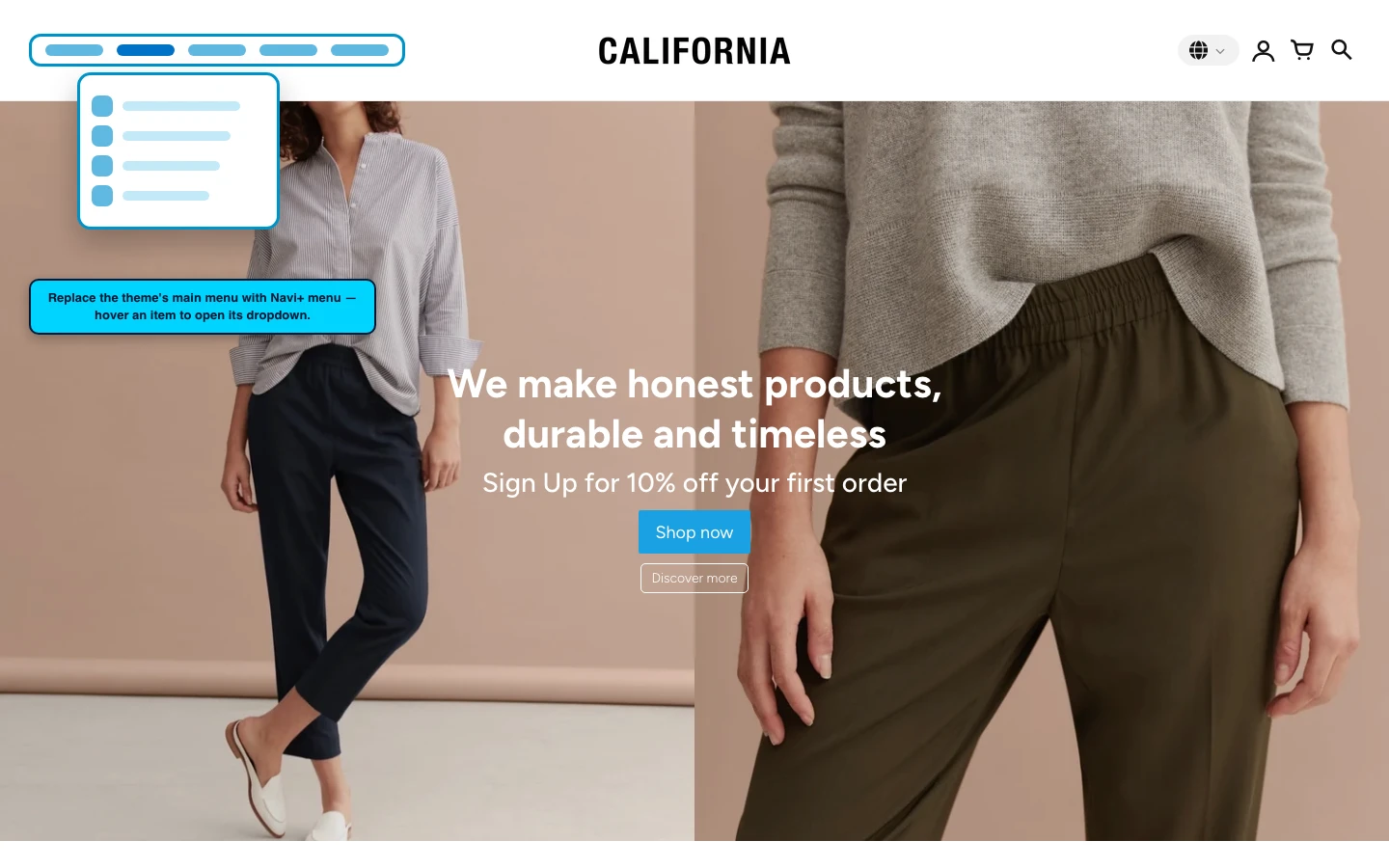 Navi+ Mega Menu replacing the desktop menu on the California Shopify theme Navi+ Mega Menu replacing the desktop menu on the California Shopify theme
